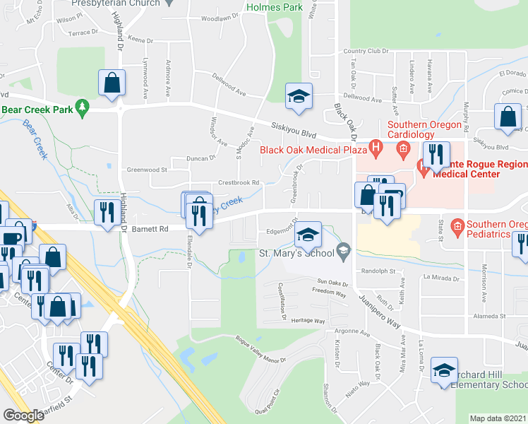 map of restaurants, bars, coffee shops, grocery stores, and more near East Barnett Road & Crestbrook Road in Medford