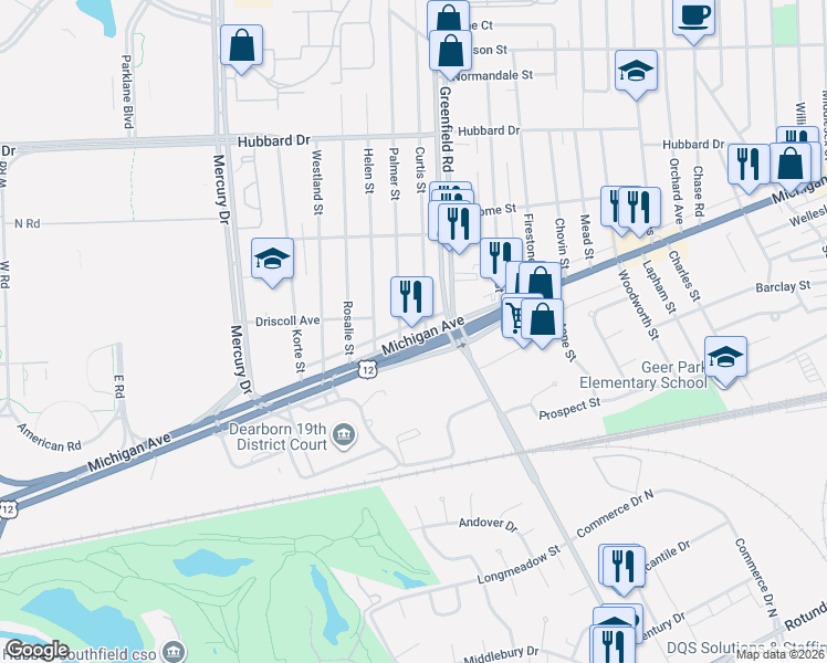 map of restaurants, bars, coffee shops, grocery stores, and more near 15620 Michigan Ave in Dearborn