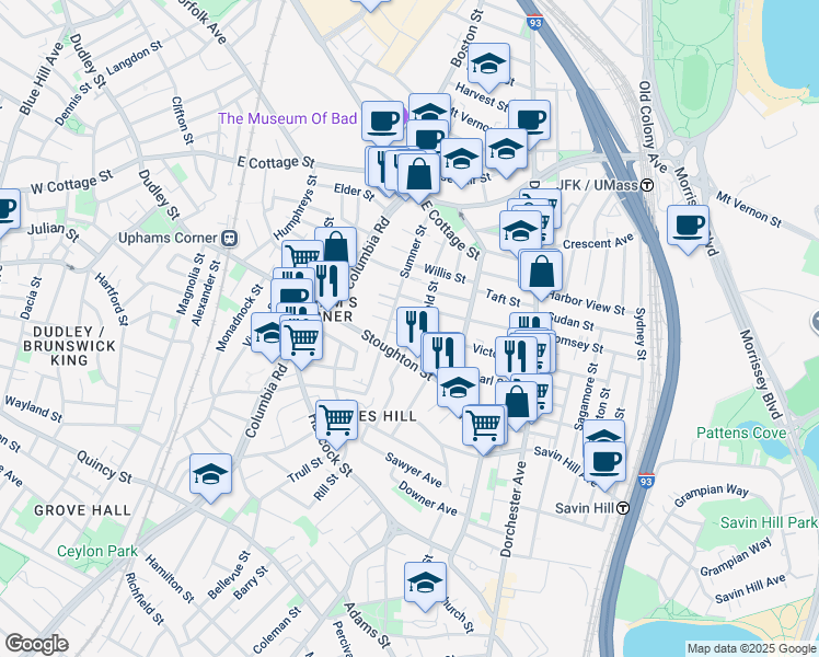 map of restaurants, bars, coffee shops, grocery stores, and more near 12 Kevin Road in Boston