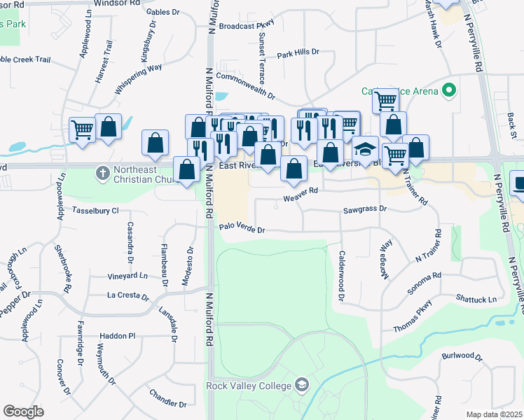map of restaurants, bars, coffee shops, grocery stores, and more near 3851 Kaiser Lane in Rockford
