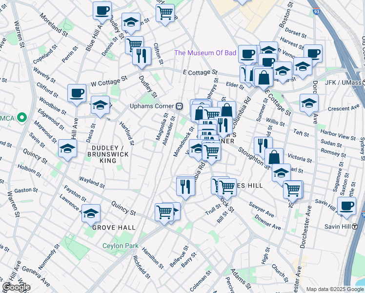 map of restaurants, bars, coffee shops, grocery stores, and more near 28 Monadnock Street in Boston