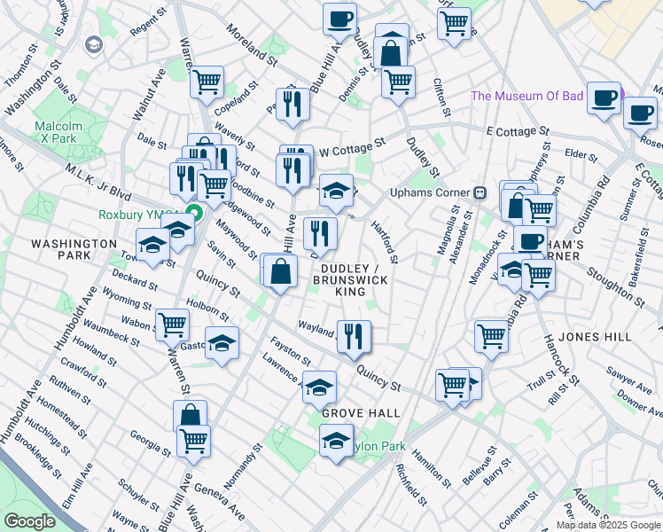 map of restaurants, bars, coffee shops, grocery stores, and more near 41 Dewey Street in Boston