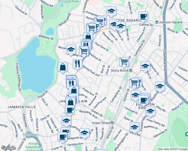 map of restaurants, bars, coffee shops, grocery stores, and more near 41 Spring Park Avenue in Boston
