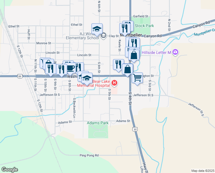 map of restaurants, bars, coffee shops, grocery stores, and more near 157 South 5th Street in Montpelier