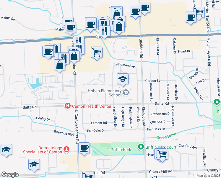 map of restaurants, bars, coffee shops, grocery stores, and more near 1445 Longfellow Drive in Canton