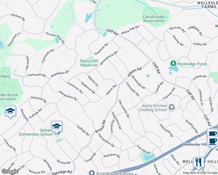 map of restaurants, bars, coffee shops, grocery stores, and more near 89 Albion Road in Wellesley