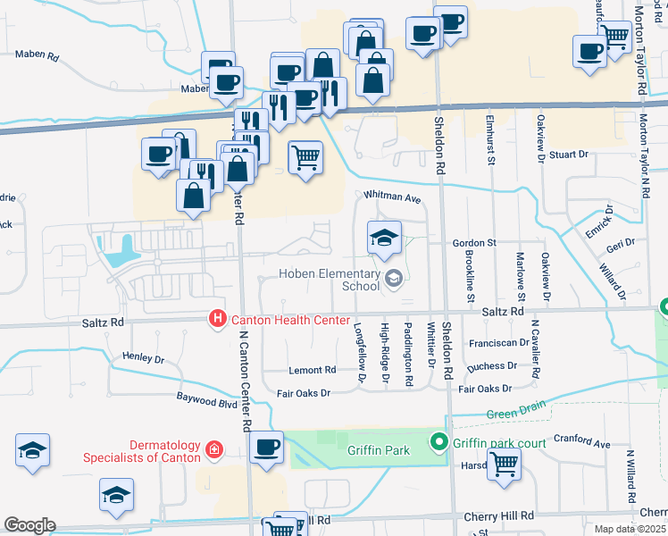 map of restaurants, bars, coffee shops, grocery stores, and more near 1445 Longfellow Drive in Canton