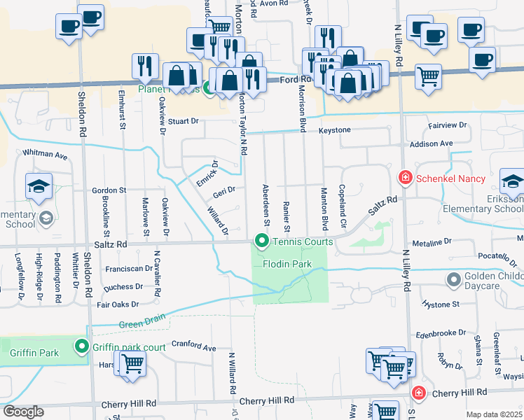 map of restaurants, bars, coffee shops, grocery stores, and more near 1471 Aberdeen Street in Canton