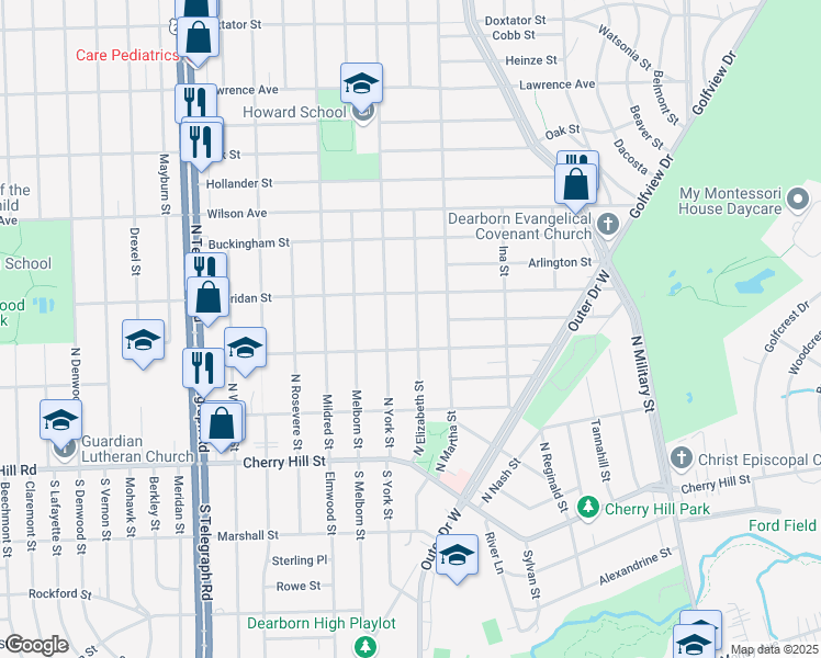 map of restaurants, bars, coffee shops, grocery stores, and more near 641 North Elizabeth Street in Dearborn