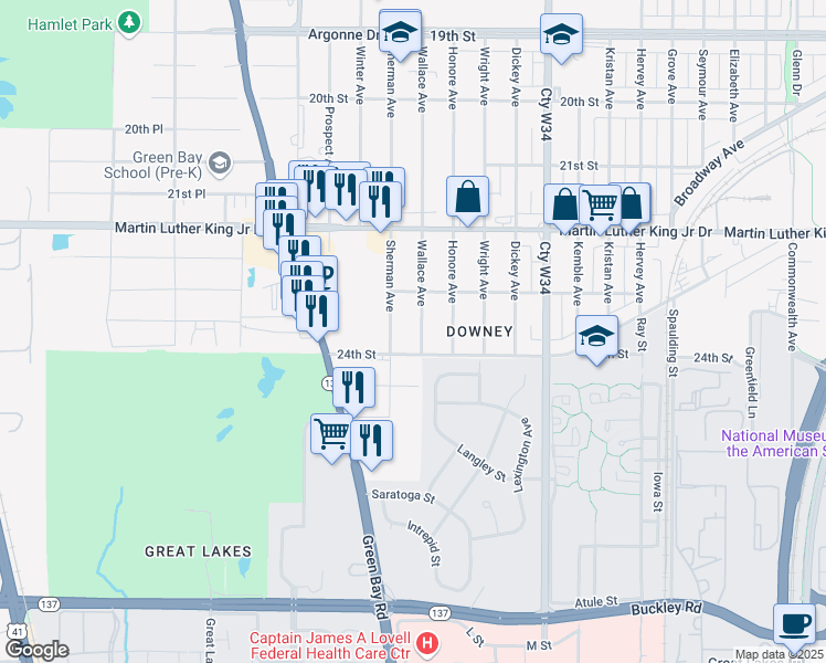 map of restaurants, bars, coffee shops, grocery stores, and more near 2338 Wallace Avenue in North Chicago