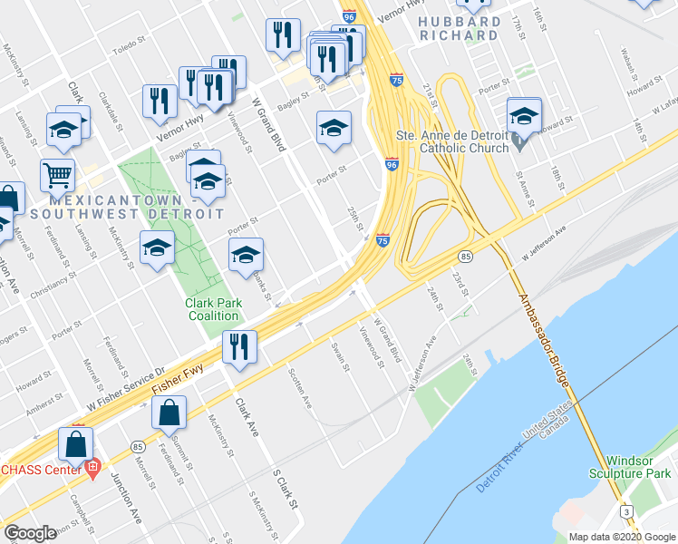 map of restaurants, bars, coffee shops, grocery stores, and more near 227 West Grand Boulevard in Detroit