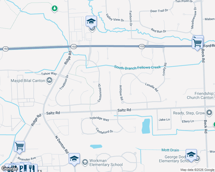 map of restaurants, bars, coffee shops, grocery stores, and more near 48956 Saltz Road in Canton