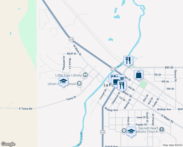 map of restaurants, bars, coffee shops, grocery stores, and more near 404 Oak Street in La Porte City