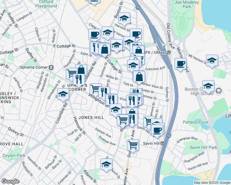 map of restaurants, bars, coffee shops, grocery stores, and more near 33 Pleasant Street in Boston