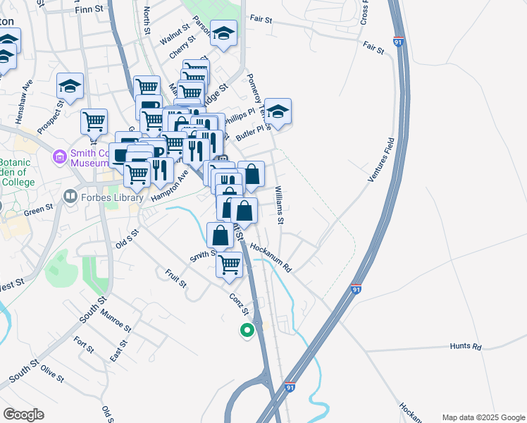map of restaurants, bars, coffee shops, grocery stores, and more near 39 Holyoke Street in Northampton