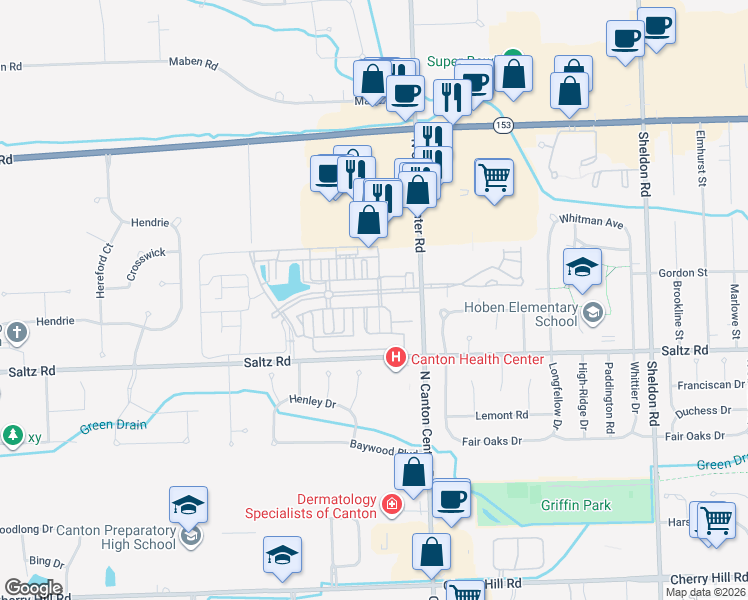 map of restaurants, bars, coffee shops, grocery stores, and more near 45662 South Stonewood Road in Canton