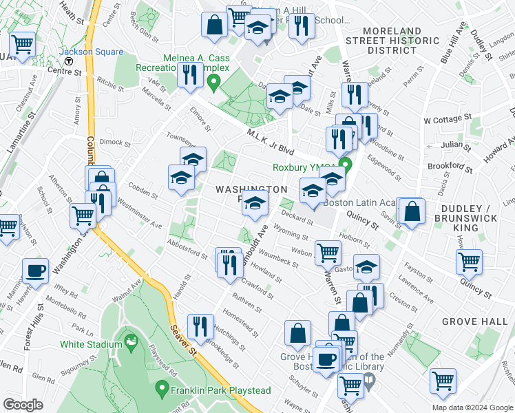 map of restaurants, bars, coffee shops, grocery stores, and more near 94 Harrishof Street in Boston