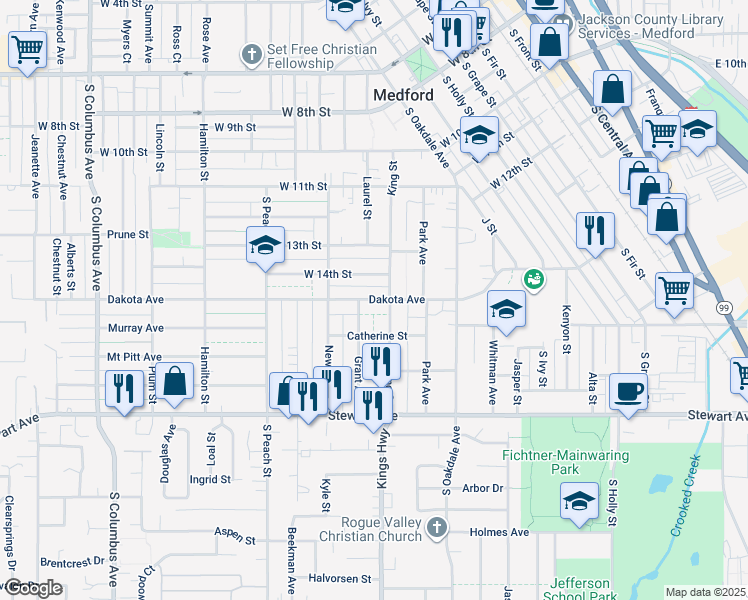map of restaurants, bars, coffee shops, grocery stores, and more near 711 Grant Avenue in Medford