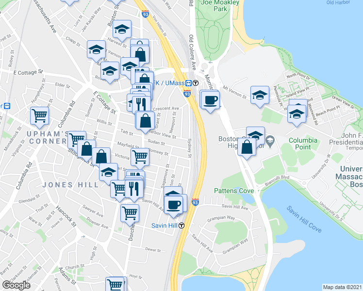 map of restaurants, bars, coffee shops, grocery stores, and more near 62-64 Sudan Street in Boston