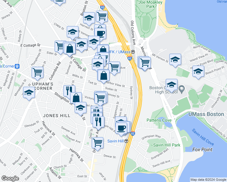 map of restaurants, bars, coffee shops, grocery stores, and more near 35 Sudan Street in Boston