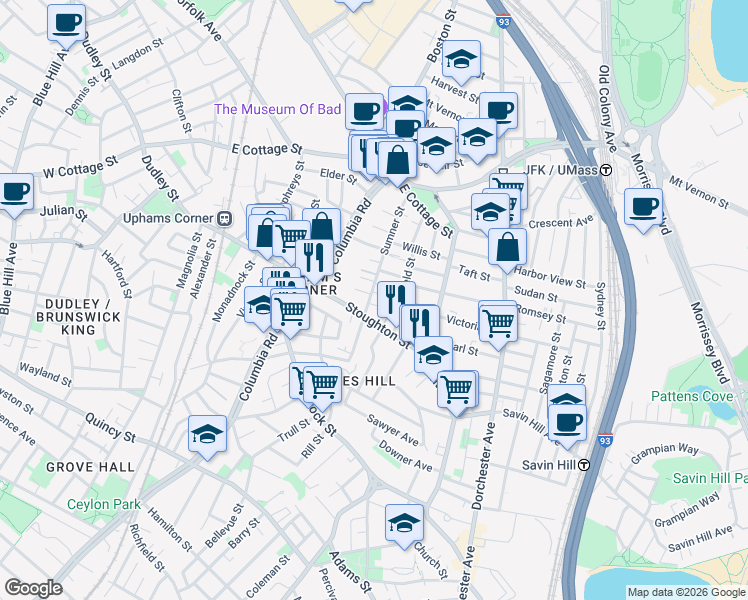 map of restaurants, bars, coffee shops, grocery stores, and more near 91 Sumner Street in Boston