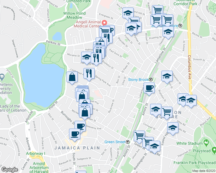 map of restaurants, bars, coffee shops, grocery stores, and more near 41 Spring Park Avenue in Boston
