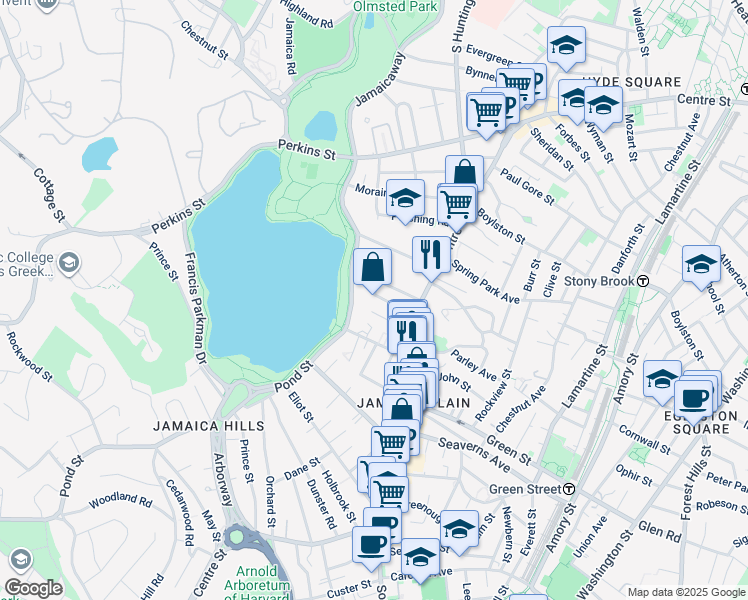 map of restaurants, bars, coffee shops, grocery stores, and more near 478 Jamaicaway in Boston