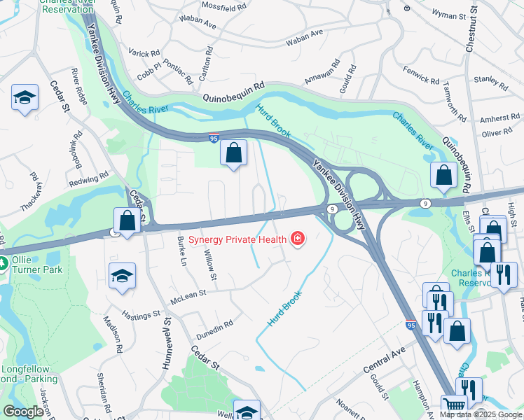 map of restaurants, bars, coffee shops, grocery stores, and more near 31 Lantern Lane in Wellesley