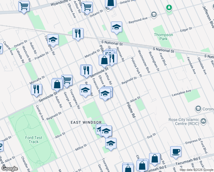 map of restaurants, bars, coffee shops, grocery stores, and more near in Windsor