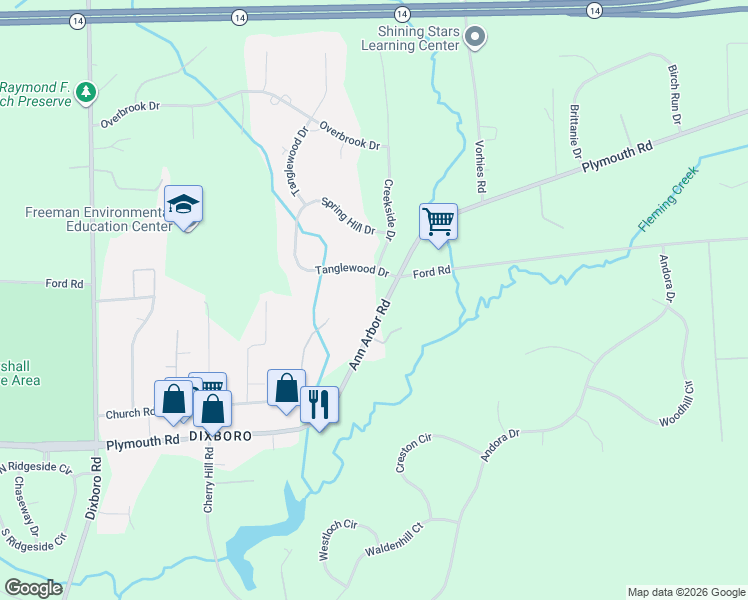 map of restaurants, bars, coffee shops, grocery stores, and more near 5665 Plymouth Road in Ann Arbor
