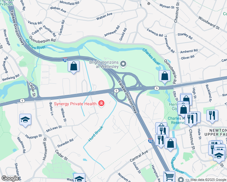 map of restaurants, bars, coffee shops, grocery stores, and more near 110 Worcester Street in Wellesley