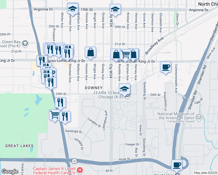 map of restaurants, bars, coffee shops, grocery stores, and more near 2330 Lewis Avenue in North Chicago