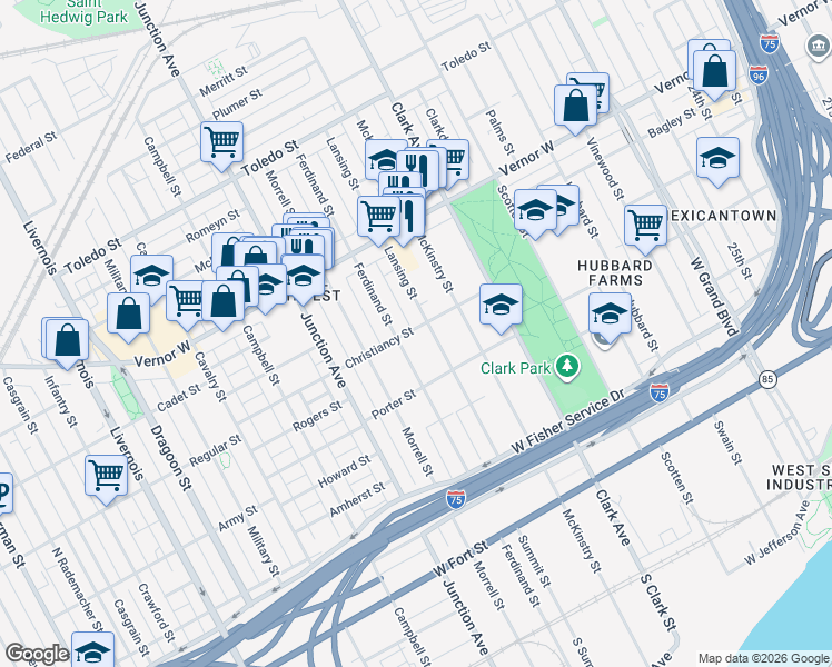 map of restaurants, bars, coffee shops, grocery stores, and more near 4723 Christiancy Street in Detroit