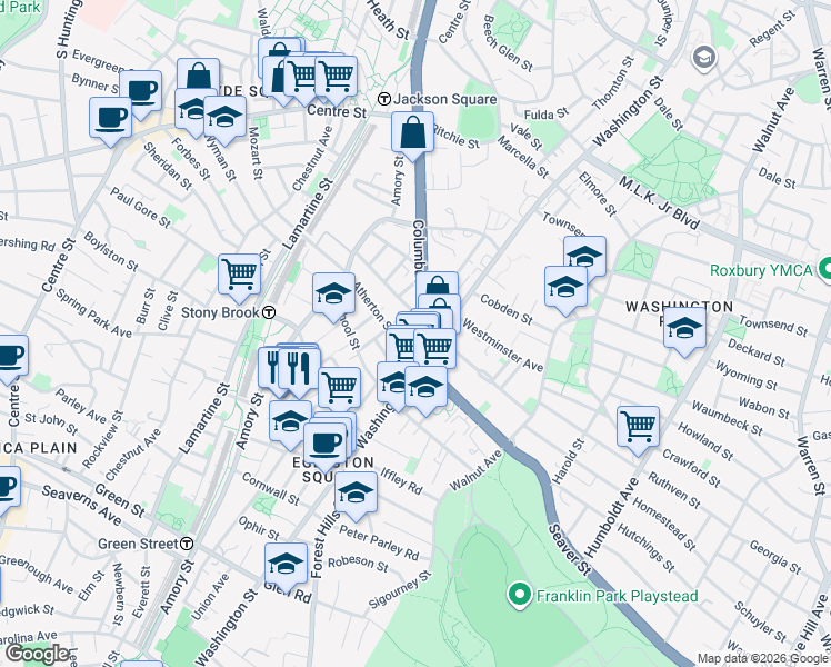 map of restaurants, bars, coffee shops, grocery stores, and more near 1947 Columbus Avenue in Boston