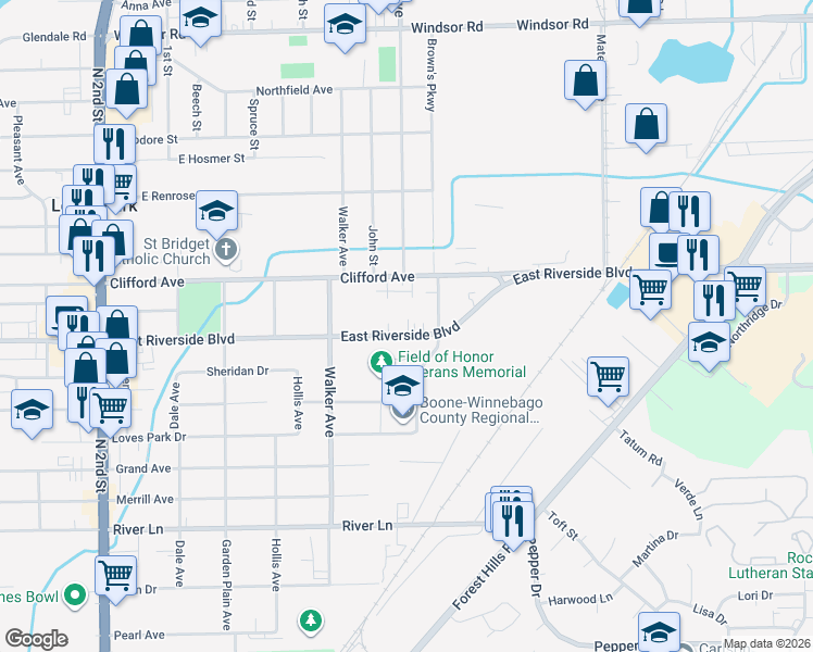 map of restaurants, bars, coffee shops, grocery stores, and more near 934 East Riverside Boulevard in Loves Park