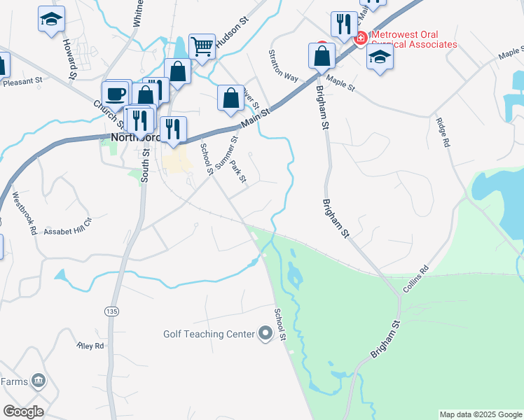 map of restaurants, bars, coffee shops, grocery stores, and more near 59 School Street in Northborough