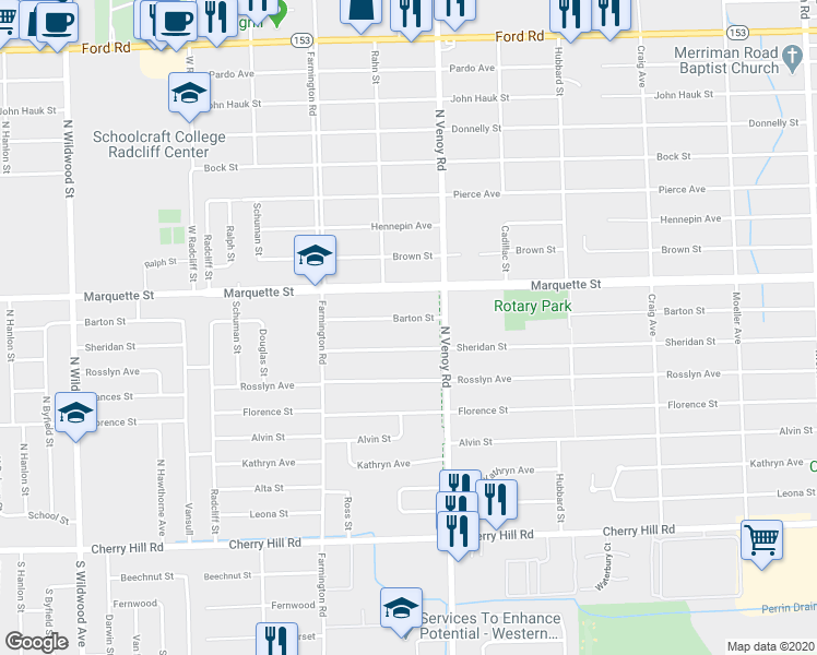 map of restaurants, bars, coffee shops, grocery stores, and more near 32971 Barton Street in Garden City