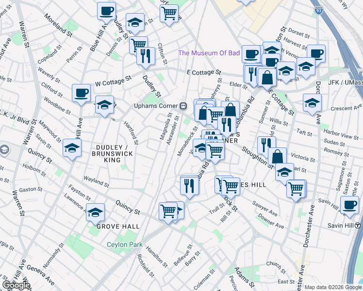 map of restaurants, bars, coffee shops, grocery stores, and more near 28 Monadnock Street in Boston