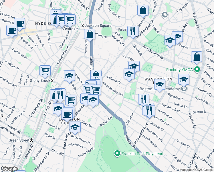 map of restaurants, bars, coffee shops, grocery stores, and more near 18 Westminster Avenue in Boston