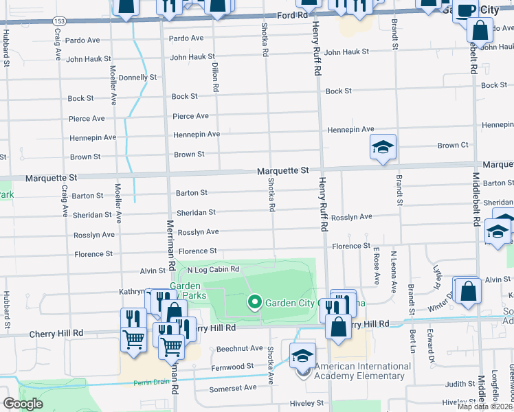 map of restaurants, bars, coffee shops, grocery stores, and more near 30740 Sheridan Street in Garden City