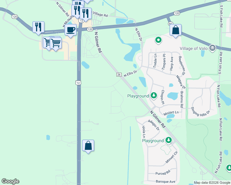 map of restaurants, bars, coffee shops, grocery stores, and more near 154 North Ellis Drive in Volo