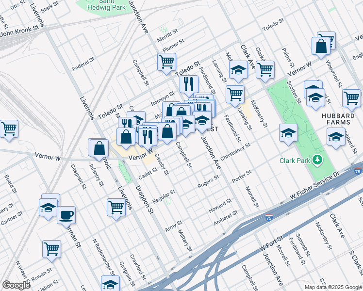 map of restaurants, bars, coffee shops, grocery stores, and more near 1716 Campbell Street in Detroit