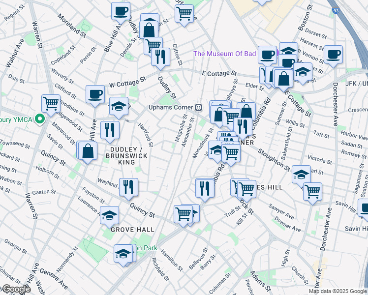 map of restaurants, bars, coffee shops, grocery stores, and more near 66B Alexander Street in Boston