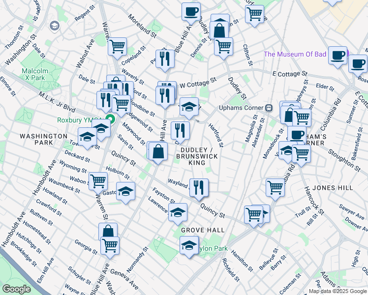 map of restaurants, bars, coffee shops, grocery stores, and more near 41 Dewey Street in Boston