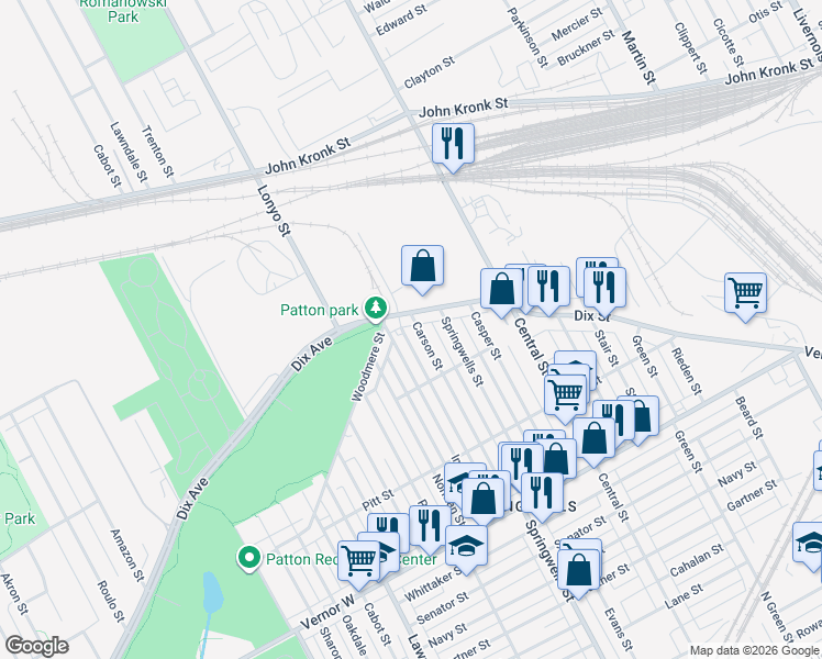 map of restaurants, bars, coffee shops, grocery stores, and more near 2815 Carson St in Detroit