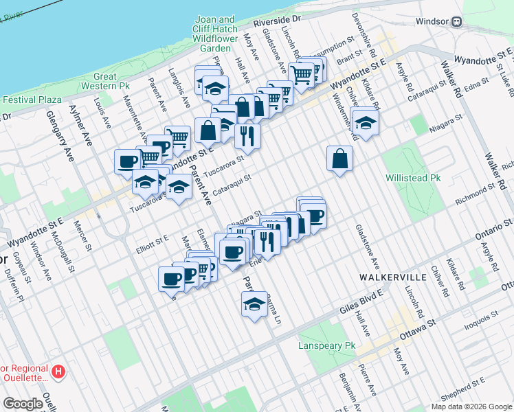 map of restaurants, bars, coffee shops, grocery stores, and more near 1106 Niagara Street in Windsor