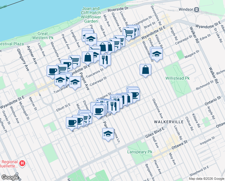 map of restaurants, bars, coffee shops, grocery stores, and more near 1106 Niagara Street in Windsor