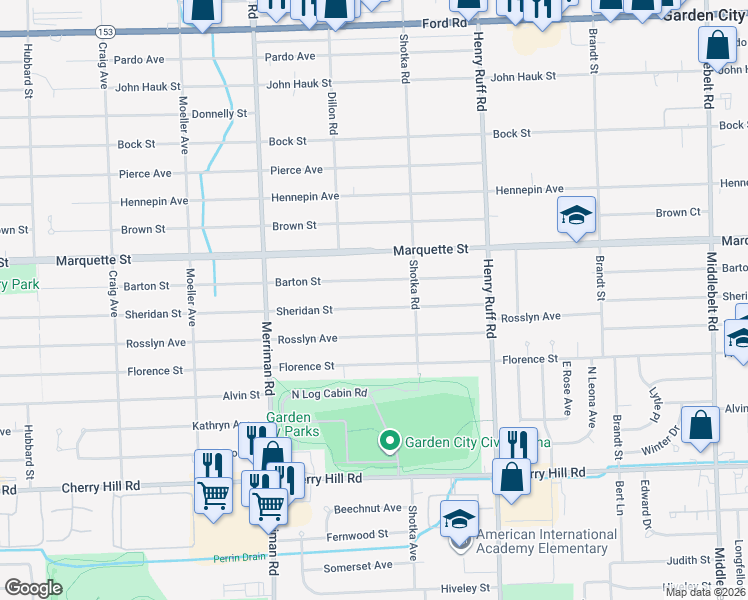 map of restaurants, bars, coffee shops, grocery stores, and more near 30740 Sheridan Street in Garden City
