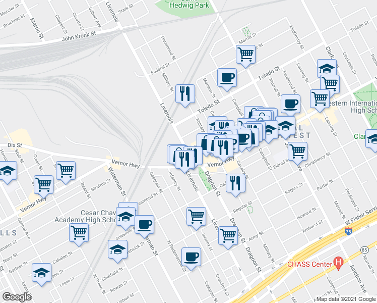 map of restaurants, bars, coffee shops, grocery stores, and more near 2040 Dragoon St in Detroit
