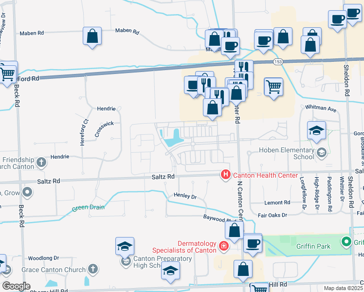 map of restaurants, bars, coffee shops, grocery stores, and more near 45936 South Stonewood Road in Canton